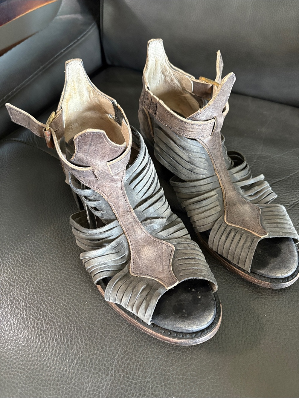 Freebird by Steven Distressed Brown Layered Cutout Heeled Sandal